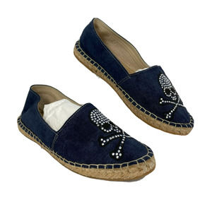 Cotto Shoes Womens Sz 7.5 Blue Woven Espadrille Flats Slip On Rhinestone Skull